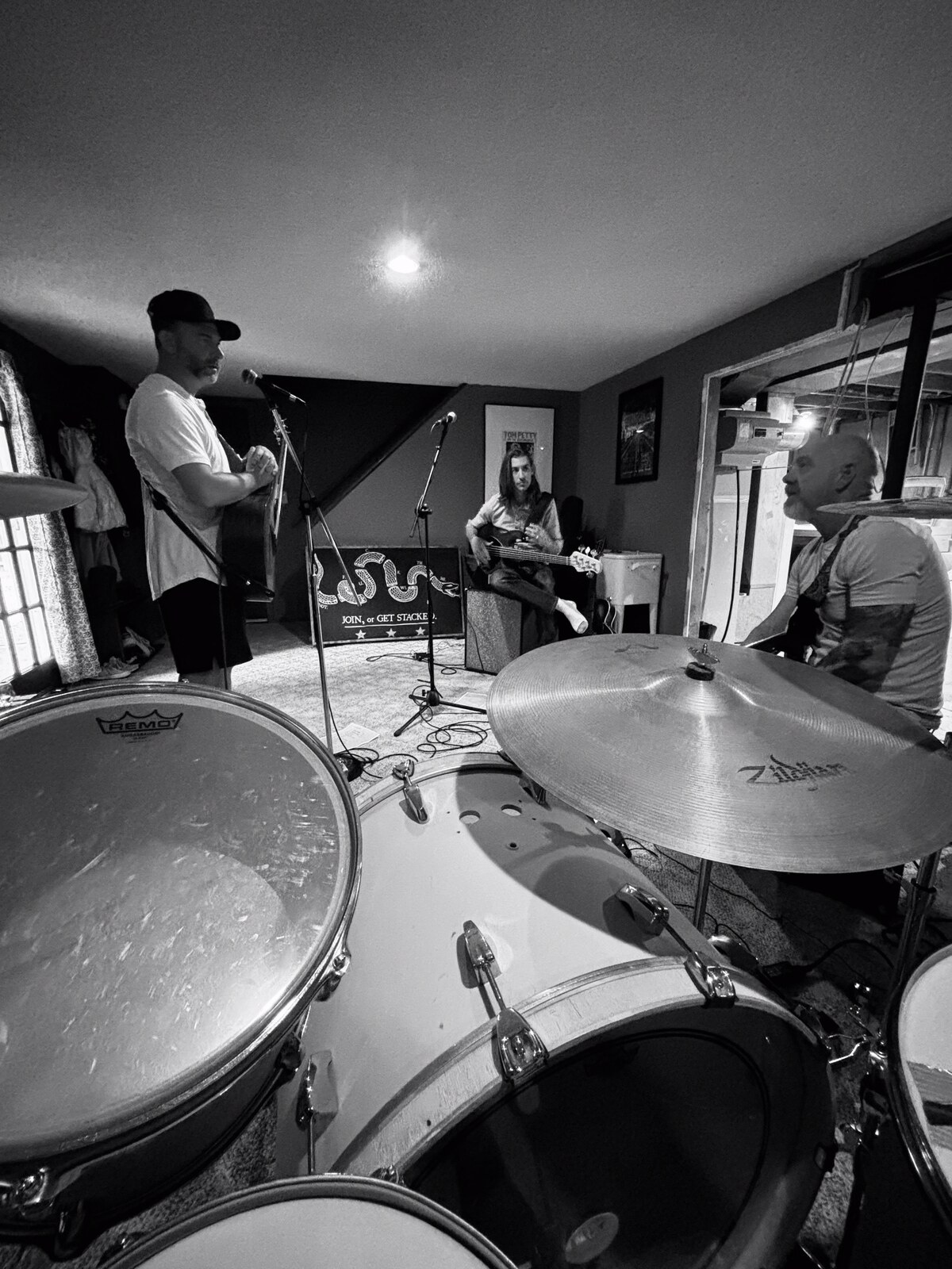 Bryant Carter Band — practice from behind the drums, B&W